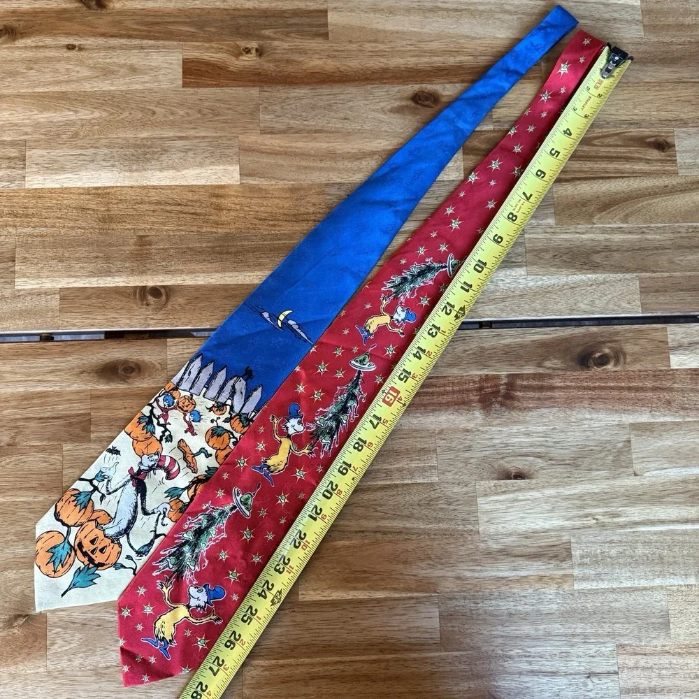 VTG 2 Dr Seuss Ties 100% Silk Green Eggs & Ham Halloween Pumpkin Holiday Costume